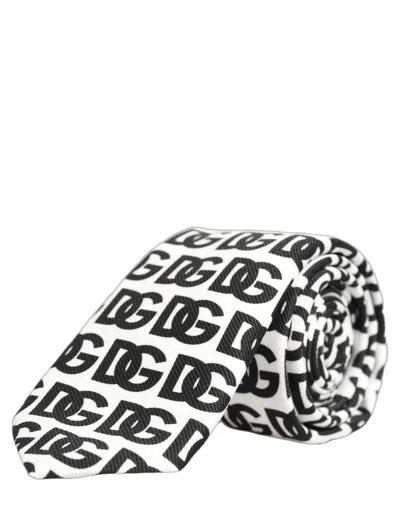 Dolce & Gabbana White Black Logo Monogram Wide Adjustable Men Necktie Tie