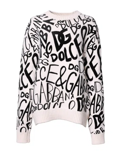 DOLCE & GABBANA WHITE BLACK LOGO PRINT WOMEN PULLOVER SWEATER