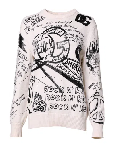 Pre-owned Dolce & Gabbana White Black Logo Print Women Pullover Women's Sweater () In Multi