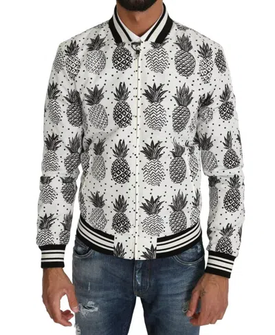 Dolce & Gabbana White Black Pineapple Bomber Coat Jacket In Black/white