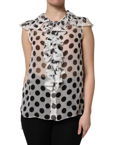 Dolce & Gabbana White Black Polka Dot Cotton Sleeveless Top In Multi