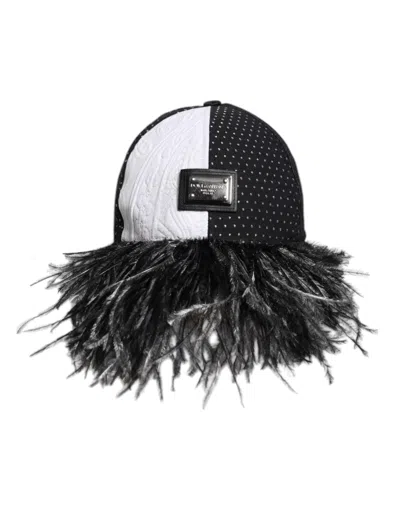 Dolce & Gabbana White Black Polka Dot Feathers Baseball Women's Cap In Multi