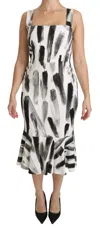 Dolce & Gabbana White Black Printed Sheath Midi Viscose Dress In White
