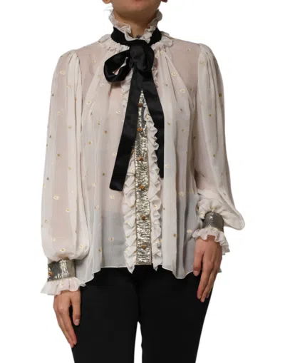 Dolce & Gabbana White Black Silk Long Sleeve Ascot Collar Women's Top In Multi