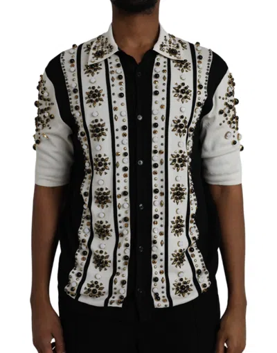 Dolce & Gabbana White Black Silk Studded Stone Crystal Men's Shirt In Black And White