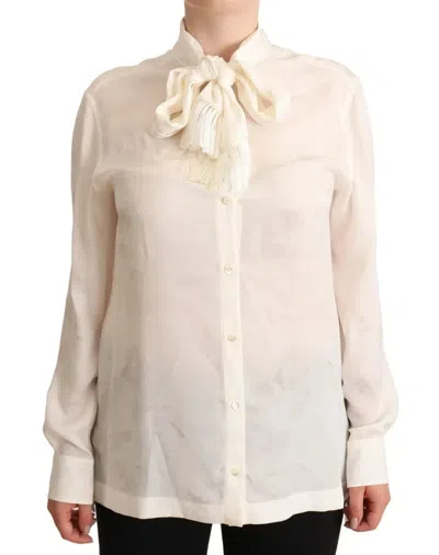 Pre-owned Dolce & Gabbana White Blouse Ascot Collar Shirt Silk Button Women's Top () In Off White