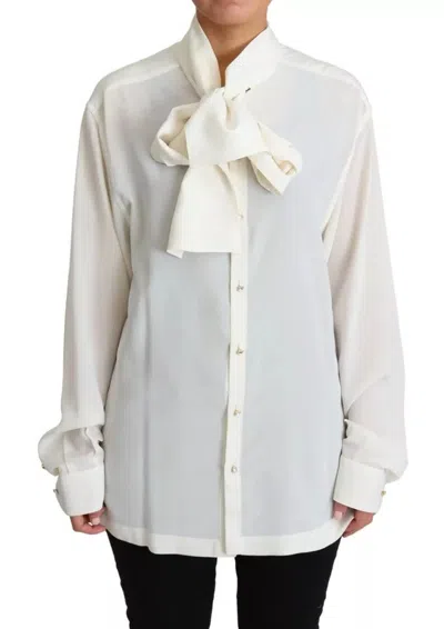 Pre-owned Dolce & Gabbana White Blouse Ascot Collar Shirt Silk Women's Top () In Off White