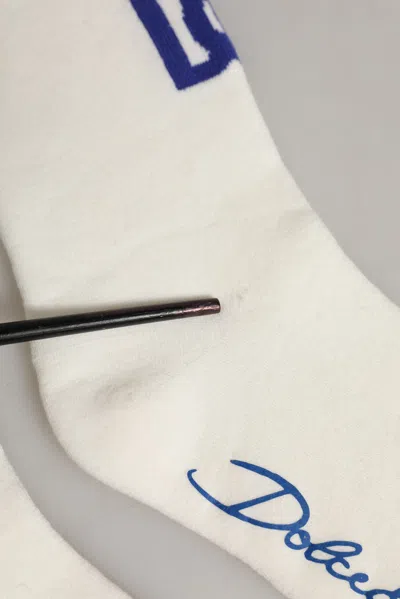 Dolce & Gabbana White Blue Cotton Logo Calf Women Accessory Socks