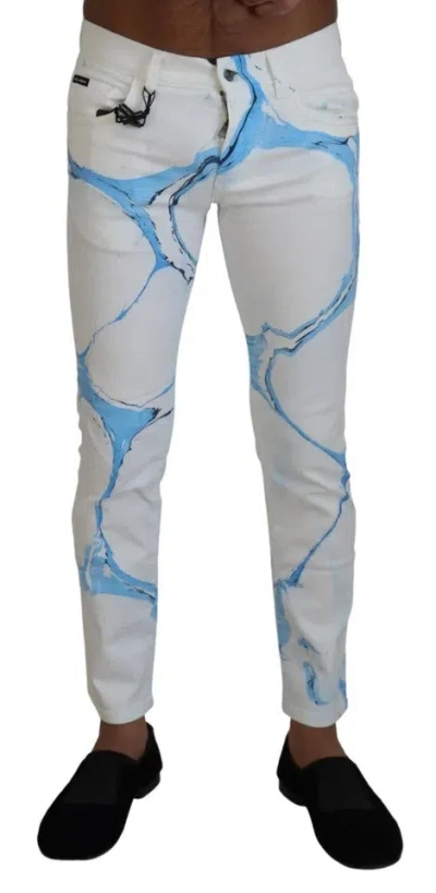 Pre-owned Dolce & Gabbana White Blue Cotton Skinny Denim Men's Jeans () In Blue And White