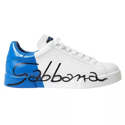 Pre-owned Dolce & Gabbana White Blue Leather Logo Low Top Sneakers Men's Shoes () In Blue And White