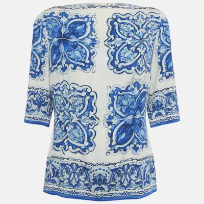 Pre-owned Dolce & Gabbana White /blue Majolica Print Silk Blouse L