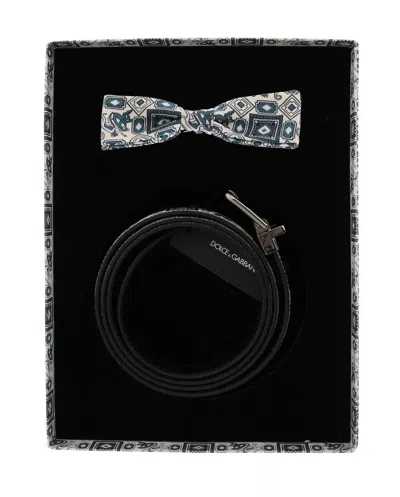 Dolce & Gabbana White Blue Silk Bowtie Leather Belt Gift Box Set In Blue And White