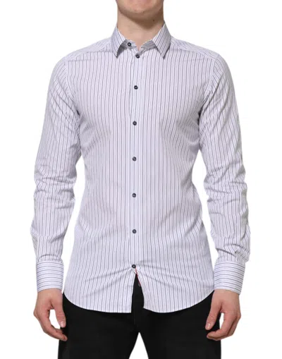 Dolce & Gabbana White Blue Striped Cotton Gold Formal Shirt
