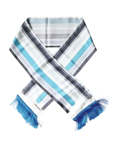 Dolce & Gabbana White Blue Stripes Silk Fringes Wrap Scarf In Blue And White