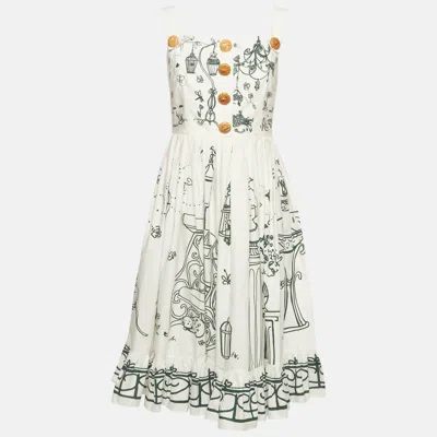 Pre-owned Dolce & Gabbana White Botanical Garden Print Poplin Flared Dress M