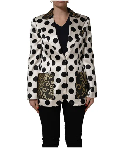 Dolce & Gabbana White Brocade Polka-dot Print Blazer Jacket In Multi