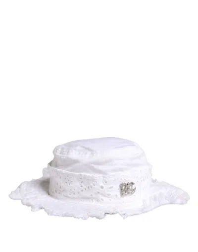 Pre-owned Dolce & Gabbana White Broderie Anglaise Dg Crystal Bucket Women's Hat ()