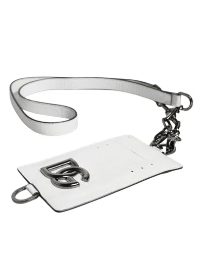 Dolce & Gabbana White Calf Leather Lanyard Logo Card Holder Men's Wallet