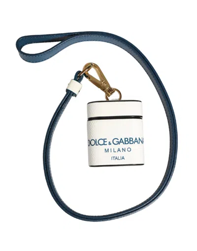 Dolce & Gabbana White Calf Leather Logo Flip Holder Strap Airpods Case