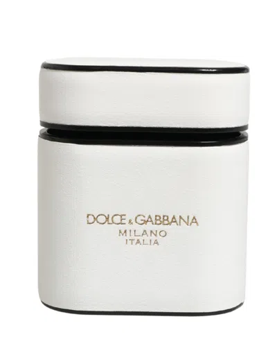 Dolce & Gabbana White Calf Leather Logo Print Flip Holder Airpods Case Accessory