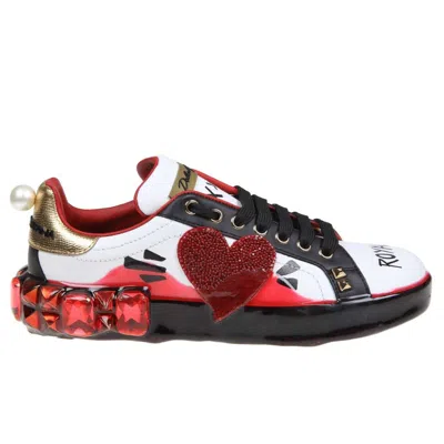 Dolce & Gabbana White Calfskin Women Sneaker With Heart-shaped Rhinestone Detail