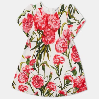 Pre-owned Dolce & Gabbana White Carnation Printed Stretch Cotton Dress 12-18 Months