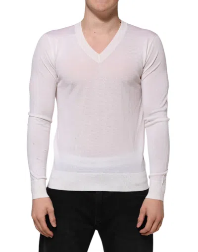 Pre-owned Dolce & Gabbana White Cashmere Logo V-neck Pullover Men's Sweater ()