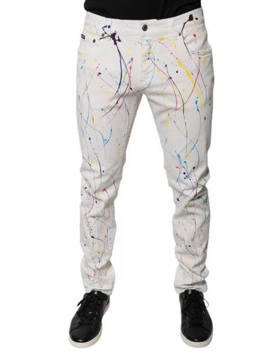 Dolce & Gabbana White Color Splash Print Skinny Denim Men's Jeans