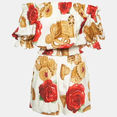 Pre-owned Dolce & Gabbana White Cookie Floral Print Cotton Off-the-shoulder Playsuit S