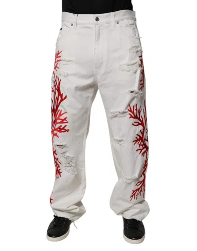 Pre-owned Dolce & Gabbana White Corals Tattered Straight Denim Men's Jeans ()