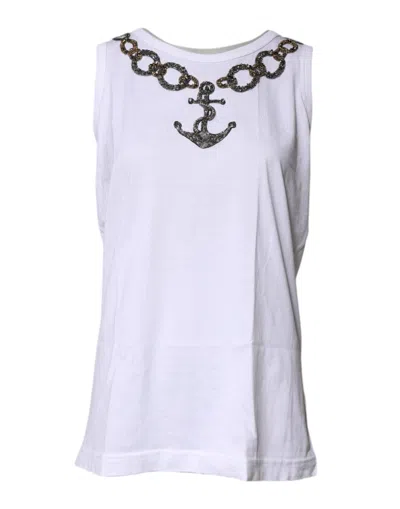 Pre-owned Dolce & Gabbana White Cotton Anchor Chain Embroidery Tank Women's Top ()