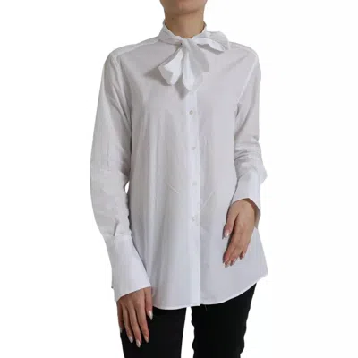 Pre-owned Dolce & Gabbana White Cotton Ascot Collar Long Sleeves Women's Top ()