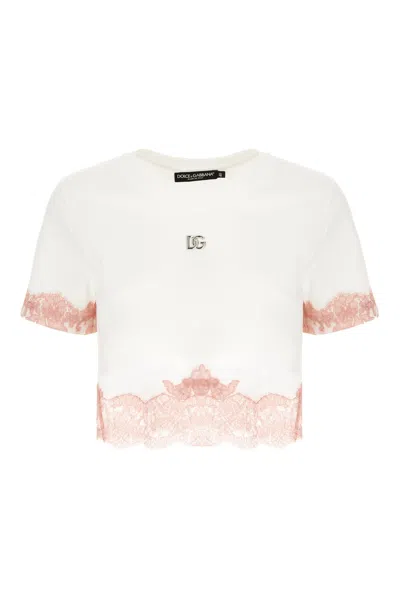 Dolce & Gabbana Cropped Jersey T-shirt With Dg Logo And Lace Inserts In White