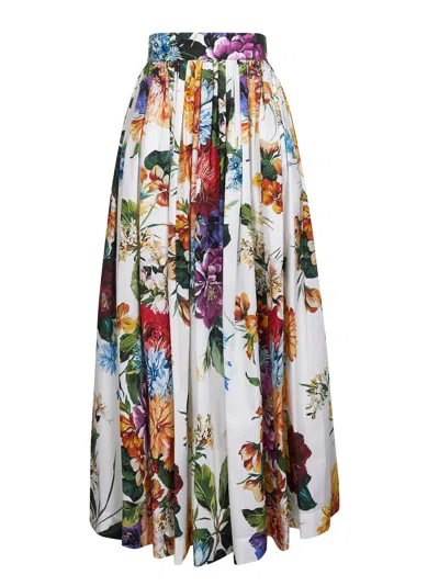 Dolce & Gabbana White Cotton Bouquet Flower Print Long Skirt