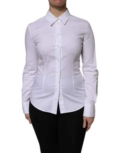 Pre-owned Dolce & Gabbana White Cotton Collared Long Sleeves Blouse Women's Top ()