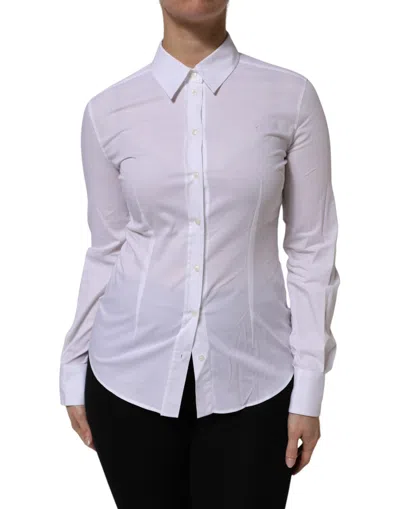 Pre-owned Dolce & Gabbana White Cotton Collared Long Sleeves Top Women's Shirt () In Green