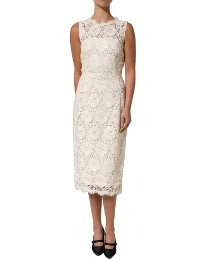 Pre-owned Dolce & Gabbana White Cotton Corded Lace Sleeveless Midi Women's Dress ()