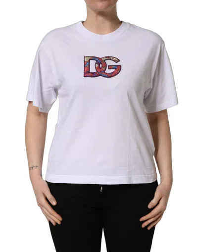 Dolce & Gabbana White Cotton Dg Logo Patch Crew Neck T-shirt
