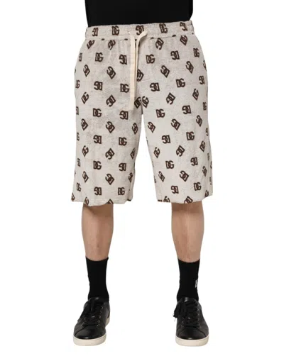 Dolce & Gabbana White Cotton Dg Mania Print Men Bermuda Shorts In Neutral