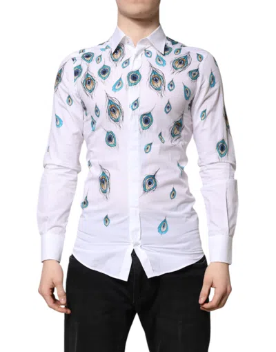 Dolce & Gabbana White Cotton Feather Print Gold Dress Shirt