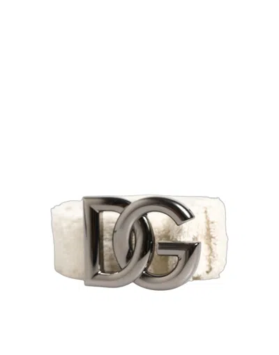 Dolce & Gabbana White Cotton Fleece Dg Logo Metal Buckle Belt In Neutral