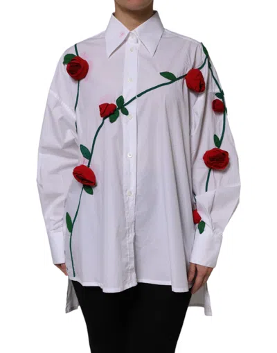 Pre-owned Dolce & Gabbana White Cotton Floral Appliques Dress Shirt Women's Top ()