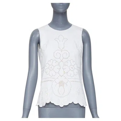 Pre-owned Dolce & Gabbana Dolce Gabbana White Cotton Floral Embroidered Openwork Scallop Tank Top It38 Xs