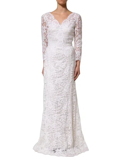 Dolce & Gabbana White Cotton Floral Lace Long Gown Women's Dress