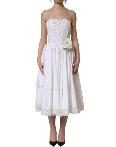 Pre-owned Dolce & Gabbana White Cotton Gabardine Bustier Midi Women's Dress ()