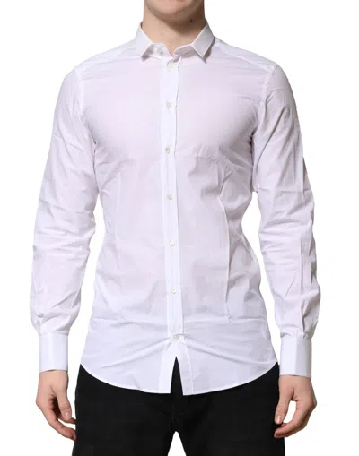 DOLCE & GABBANA WHITE COTTON GOLD LONG SLEEVES FORMAL SHIRT
