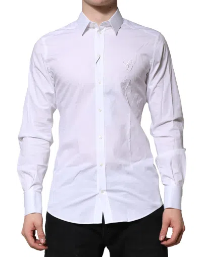 DOLCE & GABBANA WHITE COTTON GOLD LONG SLEEVES FORMAL SHIRT