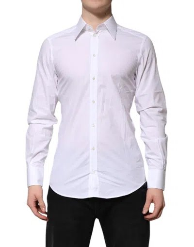 DOLCE & GABBANA WHITE COTTON GOLD LONG SLEEVES FORMAL SHIRT
