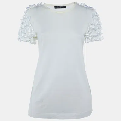 Pre-owned Dolce & Gabbana White Cotton Knit Bow Detail T-shirt L