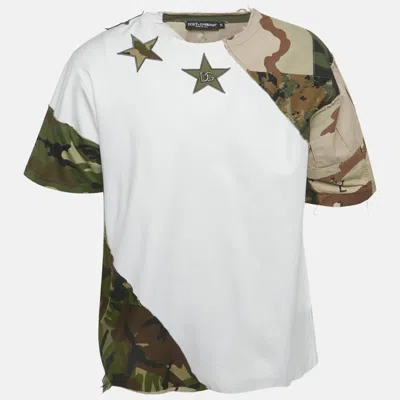 Pre-owned Dolce & Gabbana White Cotton Knit Camouflage Panelled T-shirt M